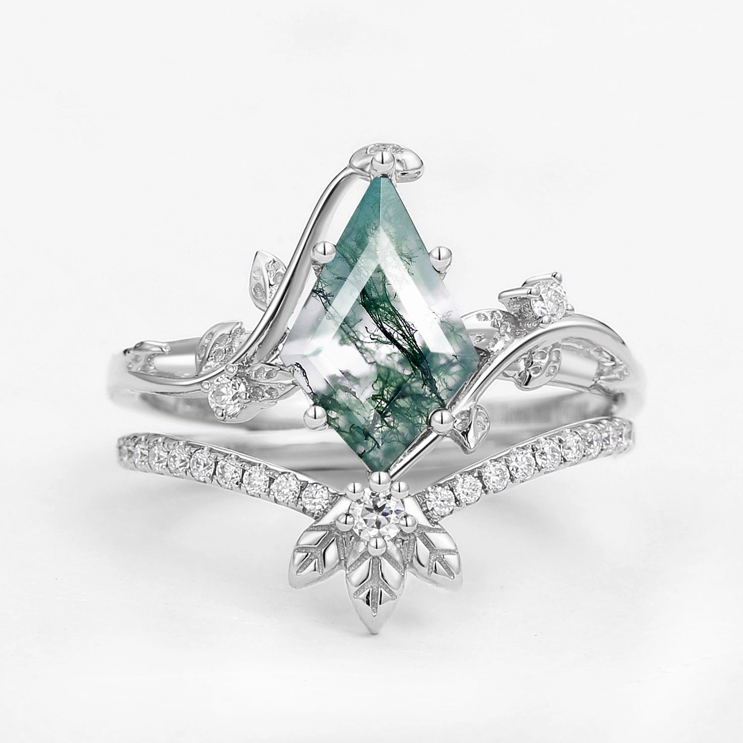 Casual Gift Versatile Touch Unique Moss Agate Three Leaves Engagement Ring Set 2pcs - Ella