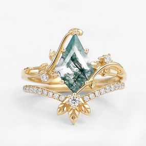 bright light Unique Moss Agate Three Leaves Engagement Ring Set 2pcs - Ella