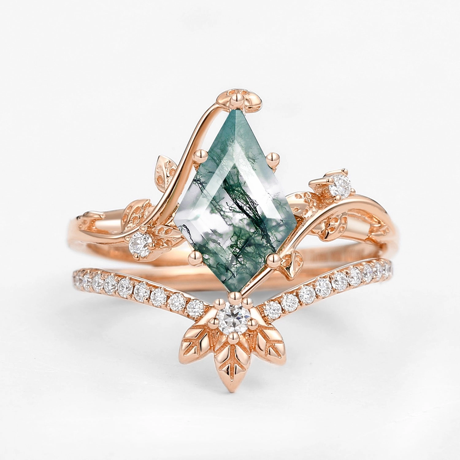 Shiny Touch Unique Moss Agate Three Leaves Engagement Ring Set 2pcs - Ella