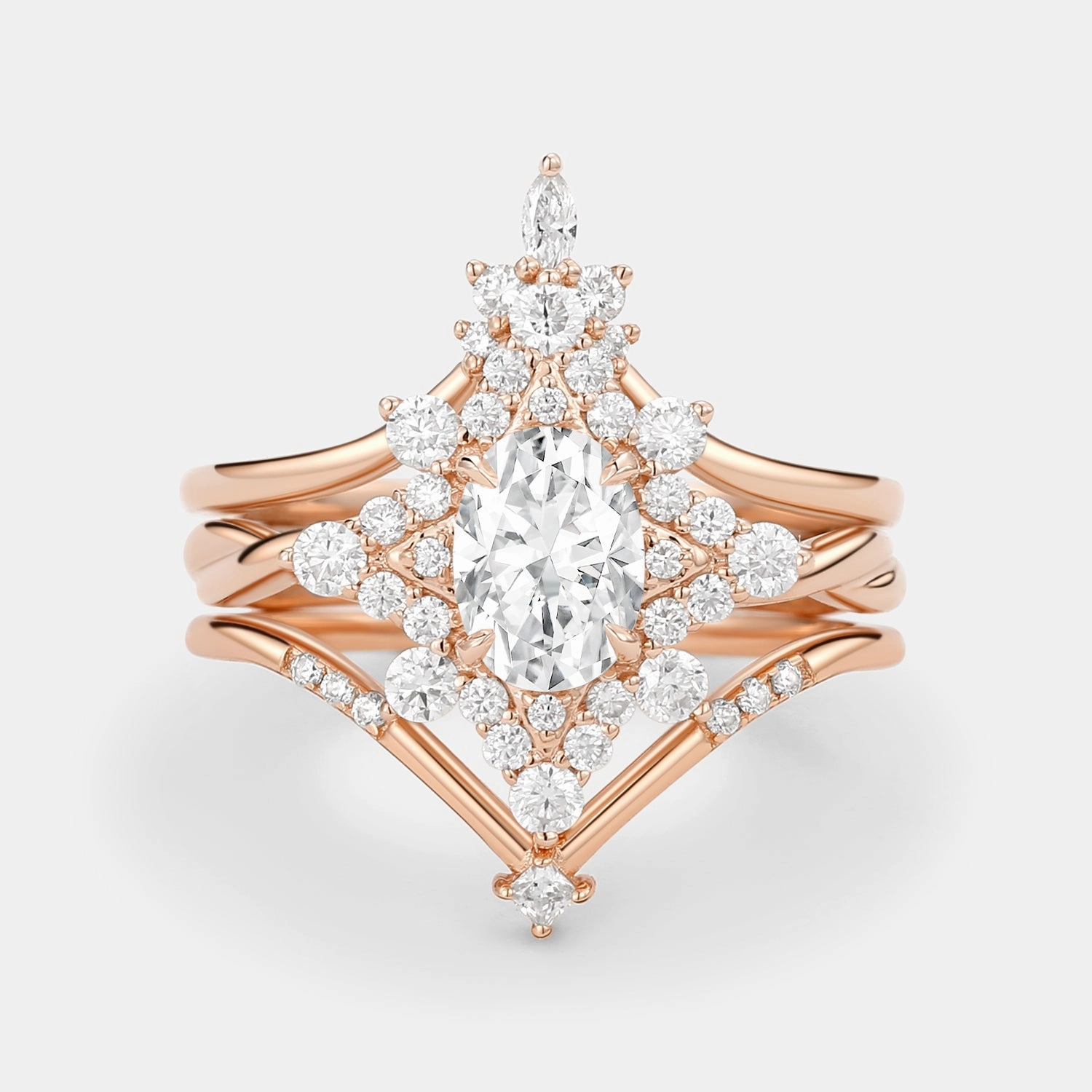 Subtle Shine Unique Oval Cut Moissanite Chevron Engagement Ring Set 3pcs