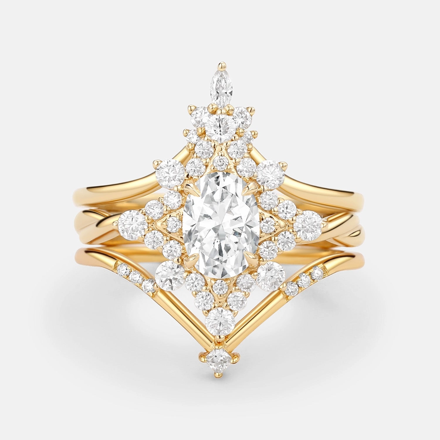 Effortless Style Unique Oval Cut Moissanite Chevron Engagement Ring Set 3pcs