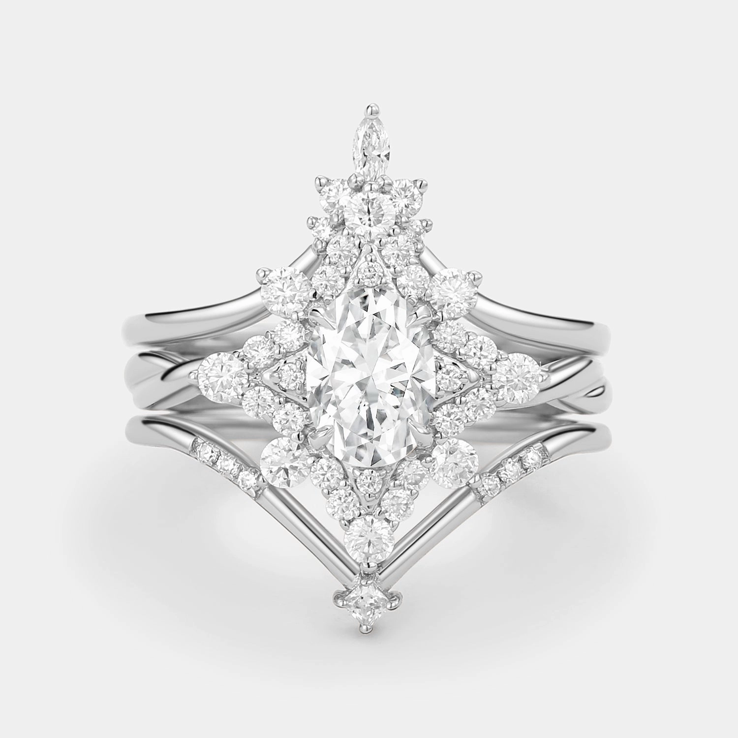 Alluring Accent Unique Oval Cut Moissanite Chevron Engagement Ring Set 3pcs