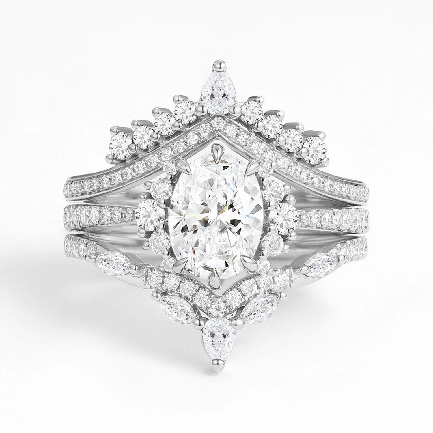 Statement Vibe Unique Oval Cut Moissanite Halo Engagement Ring Set 3pcs