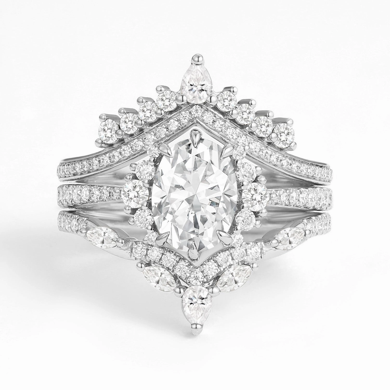 Structured Design Minimal Spark Unique Oval Cut Moissanite Halo Engagement Ring Set 3pcs