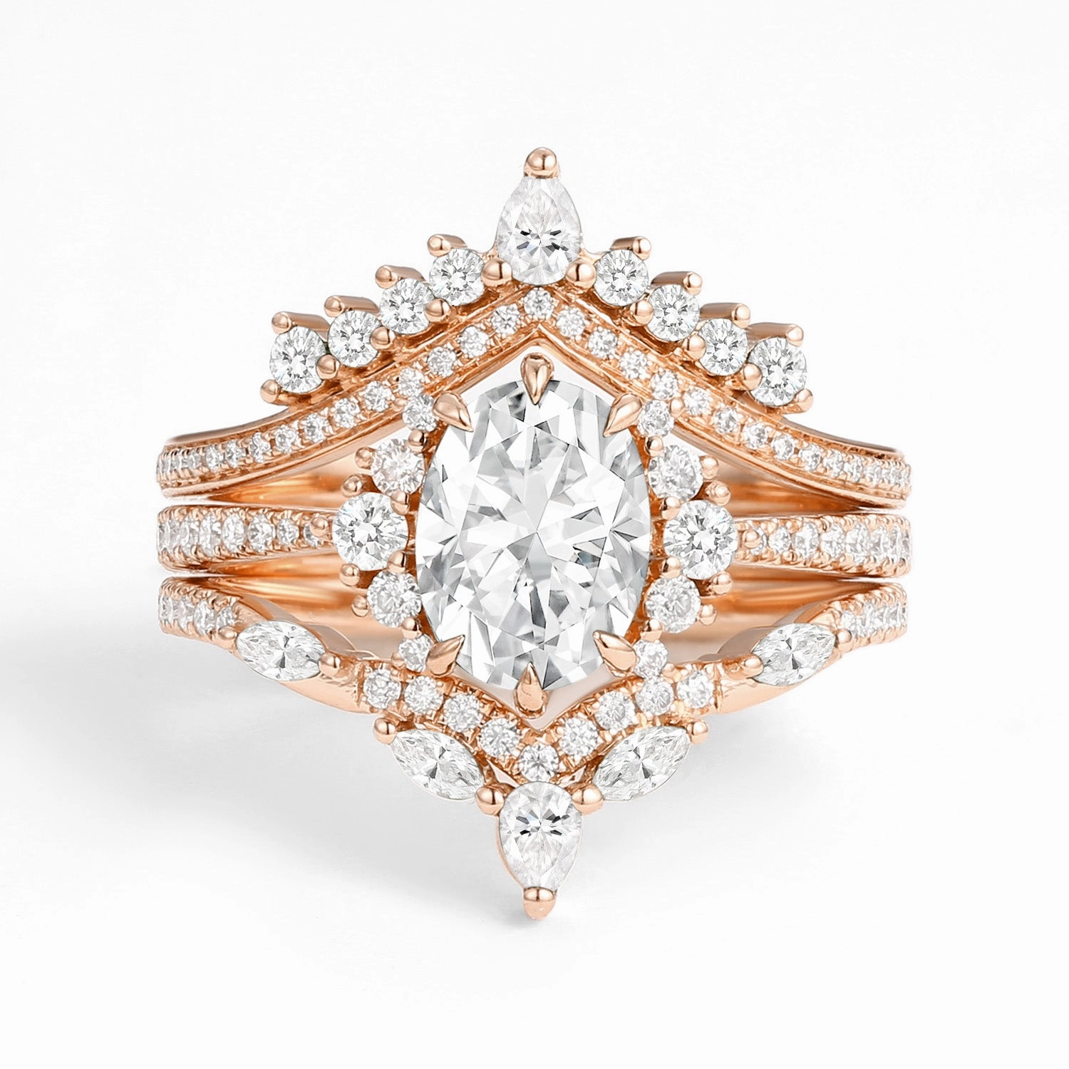 Unique Oval Cut Moissanite Halo Engagement Ring Set 3pcs Formal Accessory Shiny Radiance