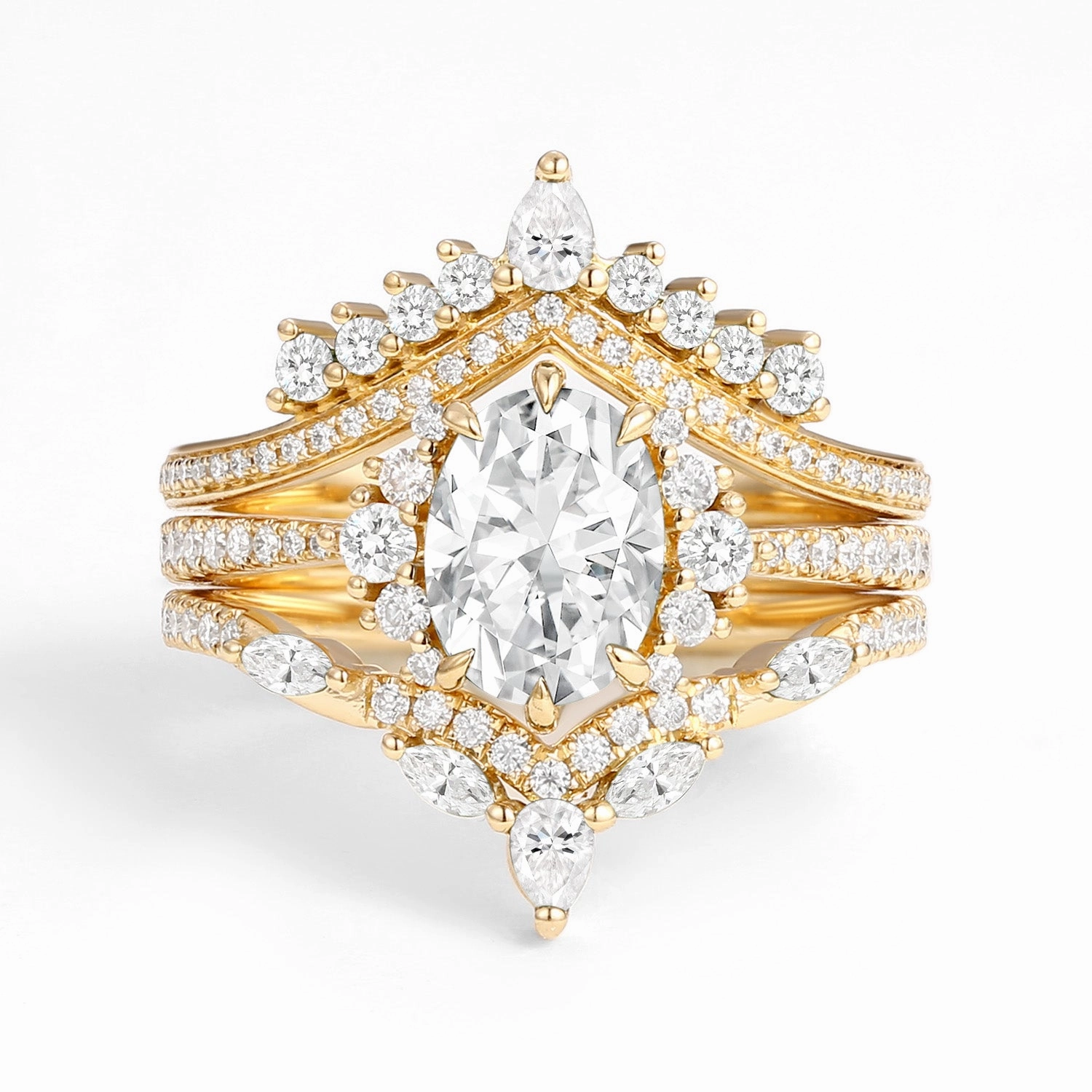 Minimal Fashion Unique Oval Cut Moissanite Halo Engagement Ring Set 3pcs