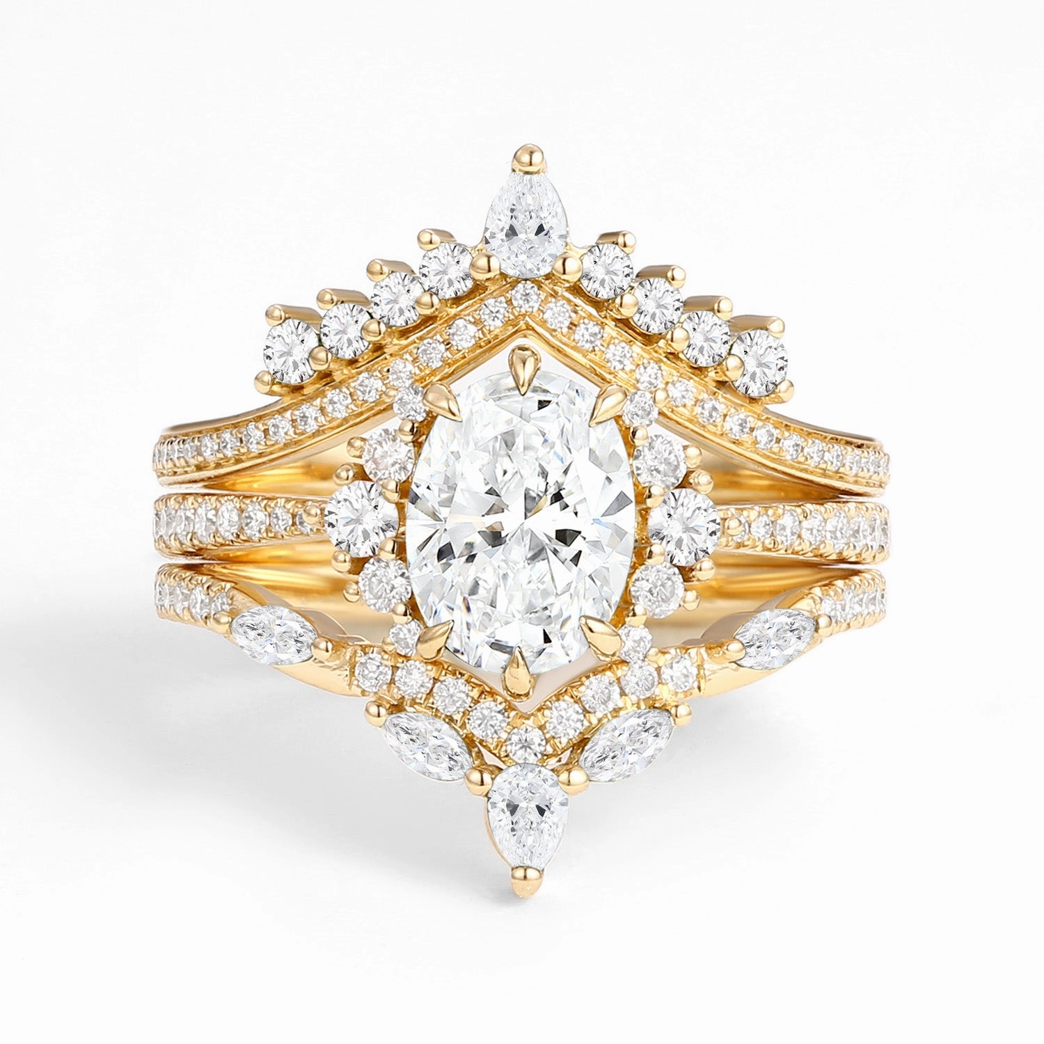 Classic Finish Unique Oval Cut Moissanite Halo Engagement Ring Set 3pcs