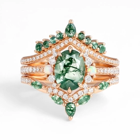 Unique Oval Cut Moss Agate Opal Engagement Ring Set 3pcs - Ethan Chic Look