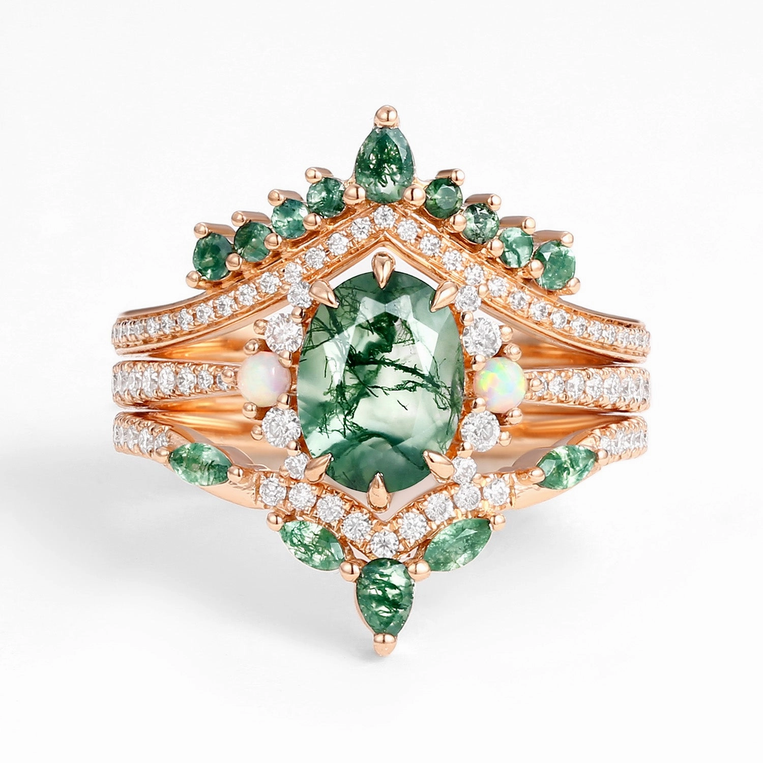 Unique Oval Cut Moss Agate Opal Engagement Ring Set 3pcs - Ethan Warm Accent Alluring piece