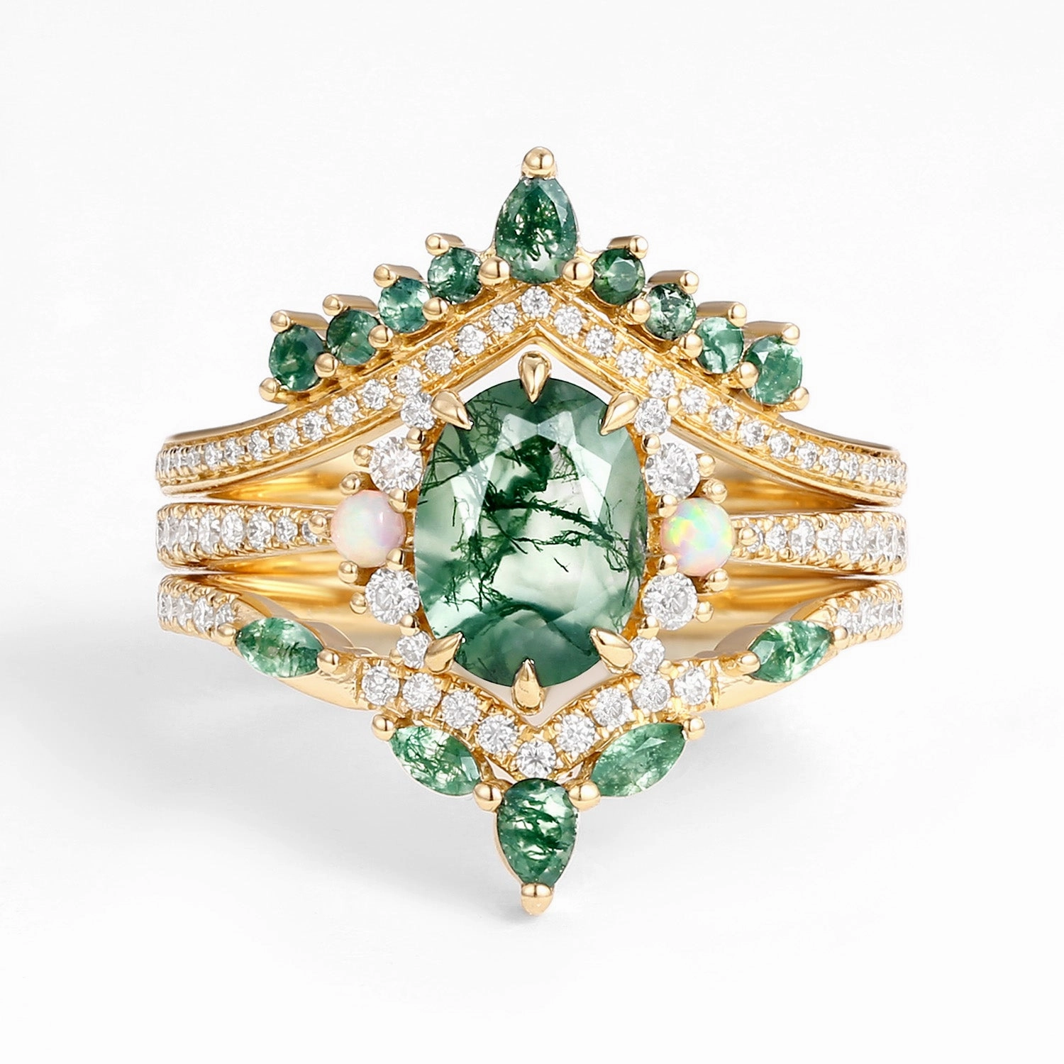 Exquisite Piece Elegant Gem Unique Oval Cut Moss Agate Opal Engagement Ring Set 3pcs - Ethan