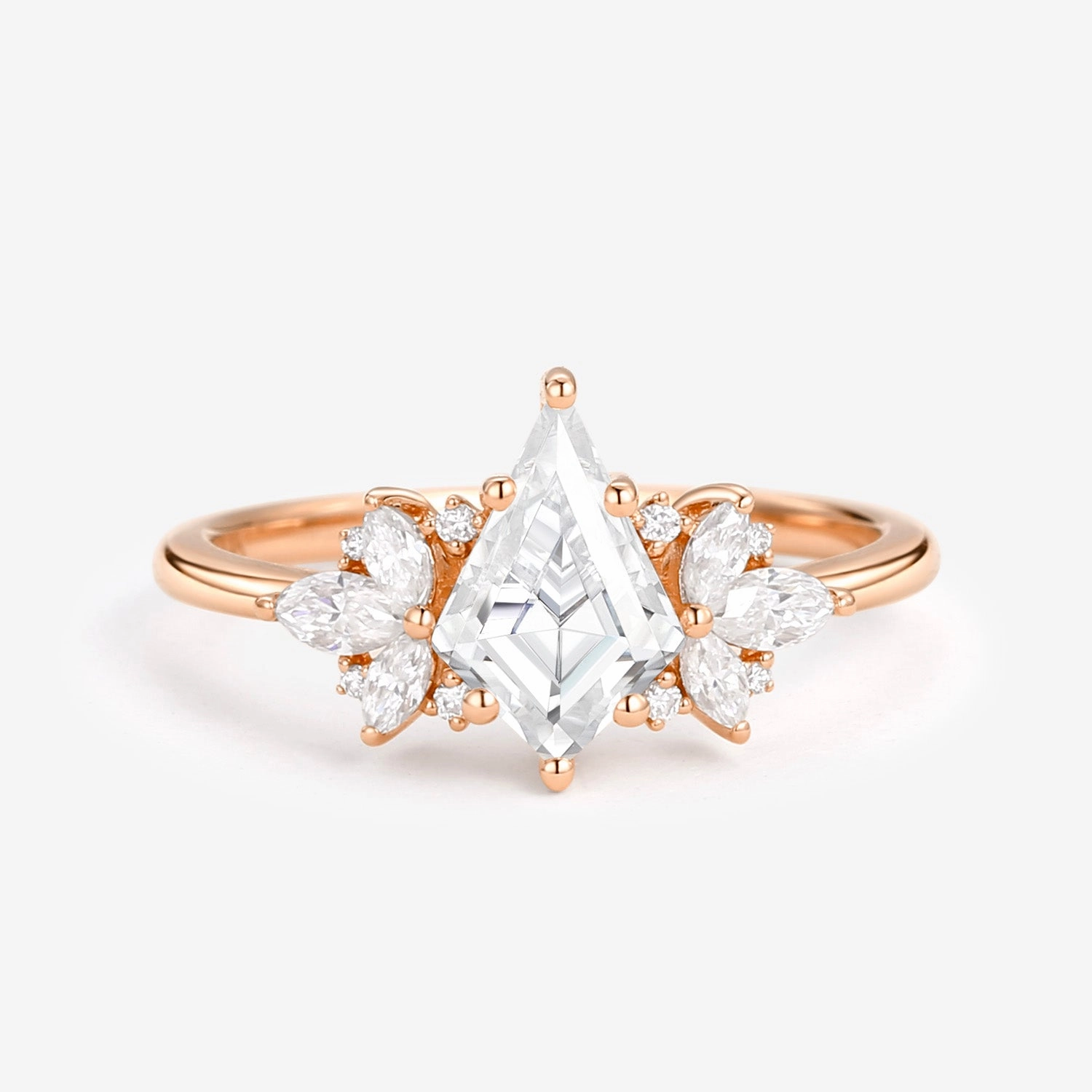 Photo Look Radiant Shine Unique Rose Gold Moissanite Kite Cut Engagement Ring
