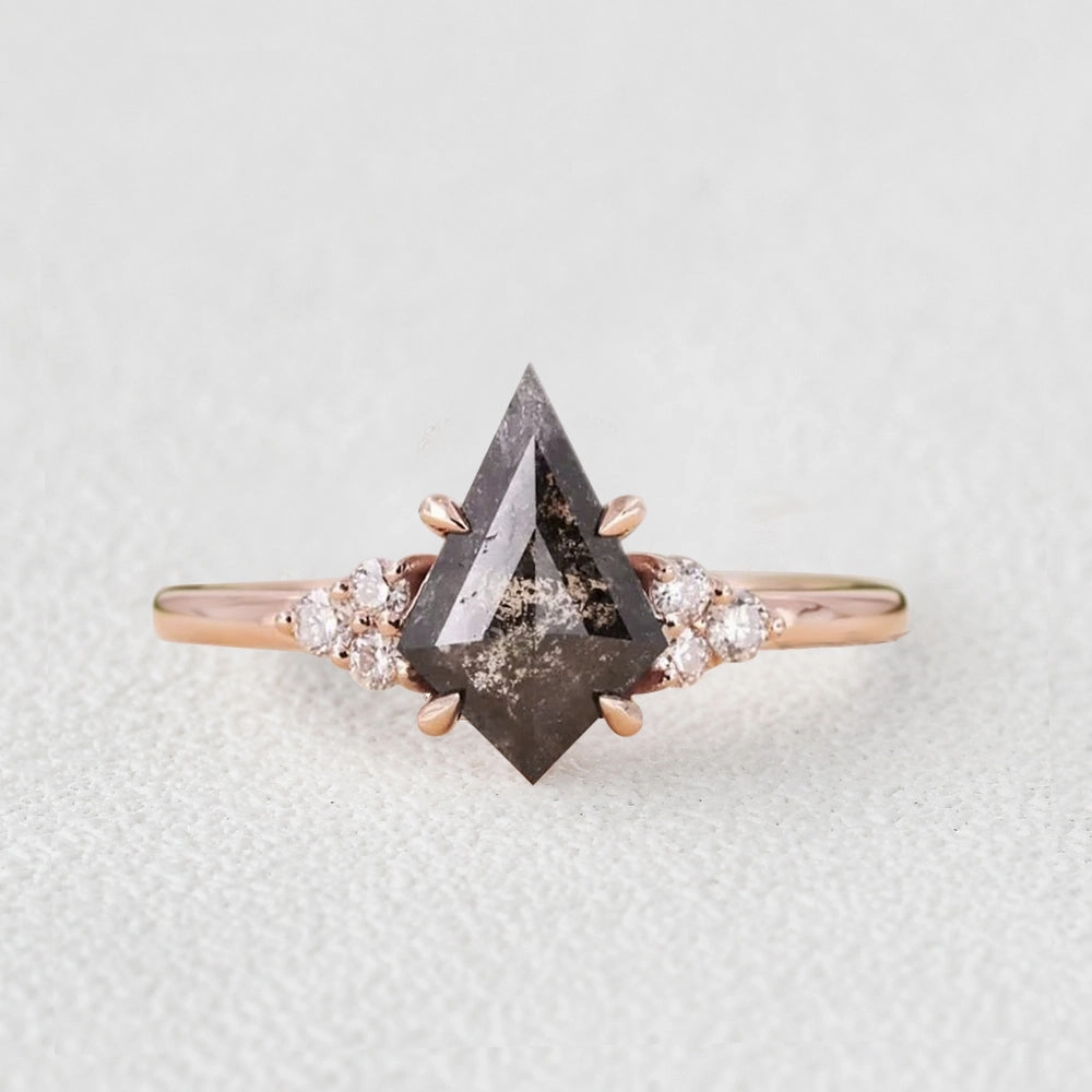 Unique Salt and Pepper Diamonds Kite Cut Engagement Ring Cute Accent