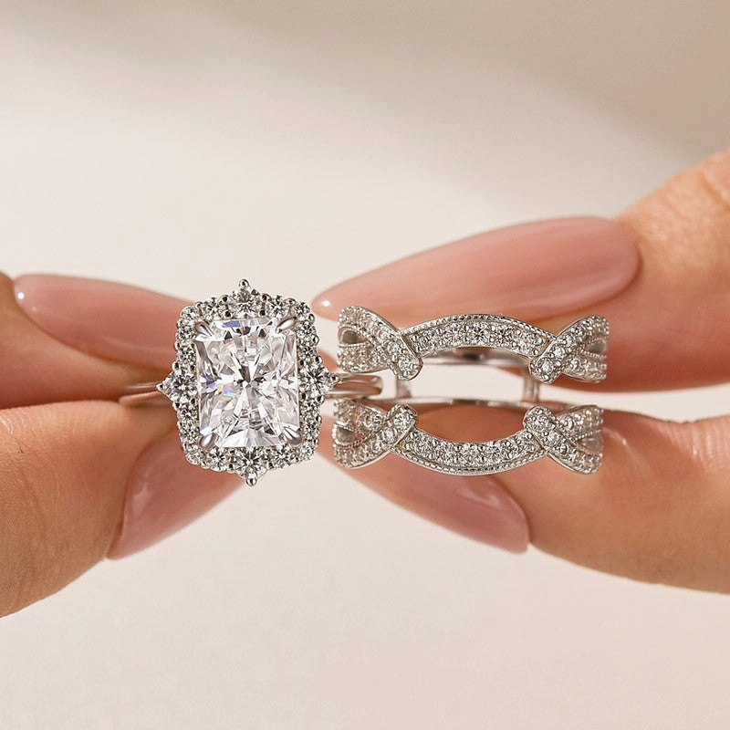 Daily Favorite Unique Accessory Moissanite 3.0Ct Radiant Cut White Gold Stack Wedding Ring with Enhancer Wedding Band