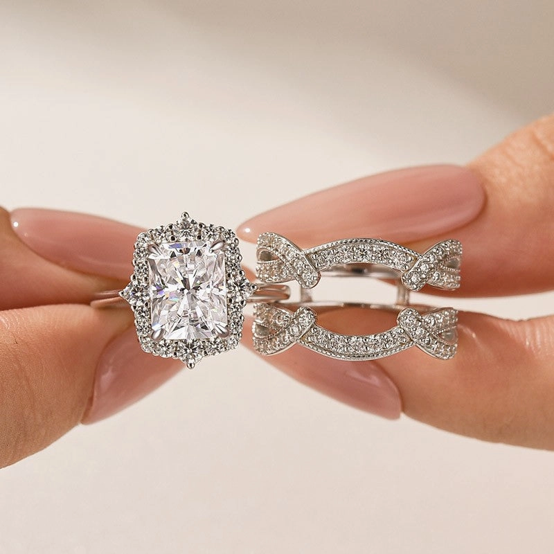 Formal Vibe Elegant Gift Moissanite 3.0Ct Radiant Cut White Gold Stack Wedding Ring with Enhancer Wedding Band