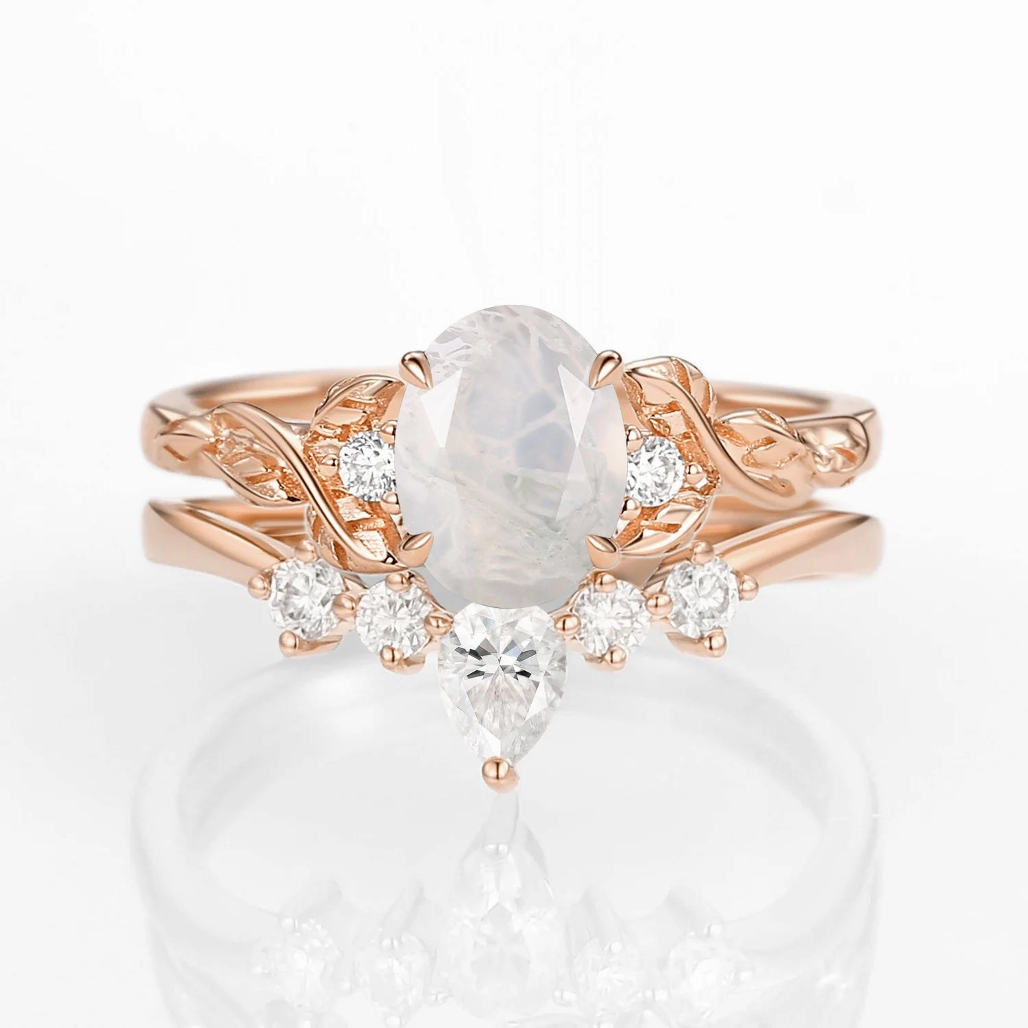 Oval Shaped White Gold Moss Agate Leafy Ring Set 2pcs Soft Glimmer