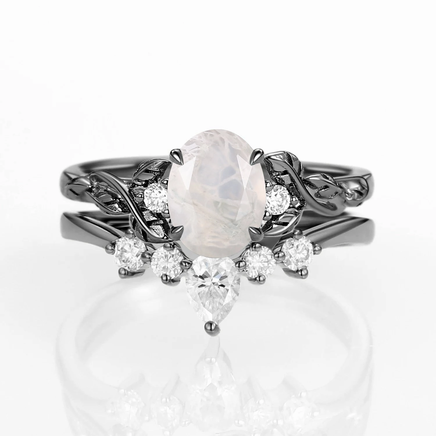 Shiny Detail Pretty Detail Oval Shaped White Gold Moss Agate Leafy Ring Set 2pcs