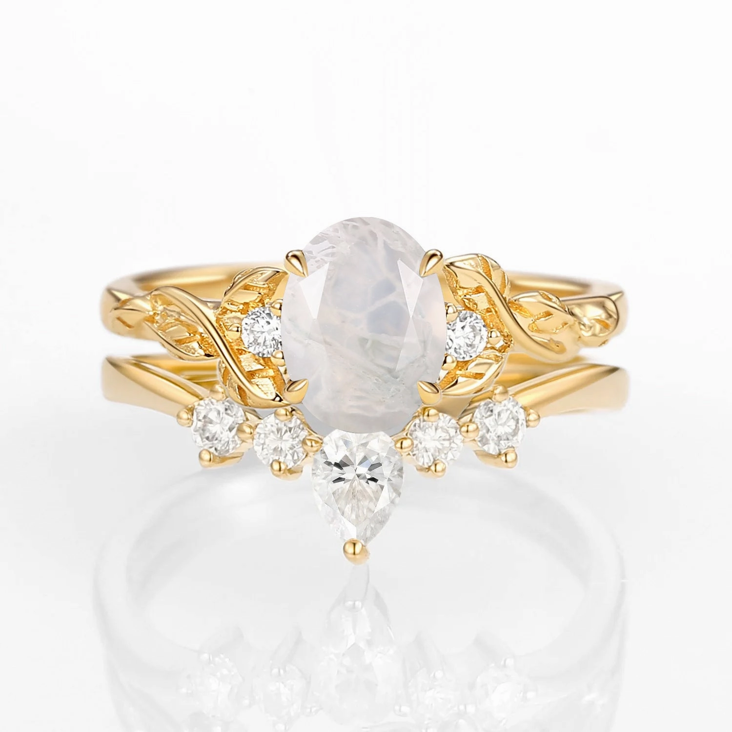 Oval Shaped White Gold Moss Agate Leafy Ring Set 2pcs Statement Fit Creative Look