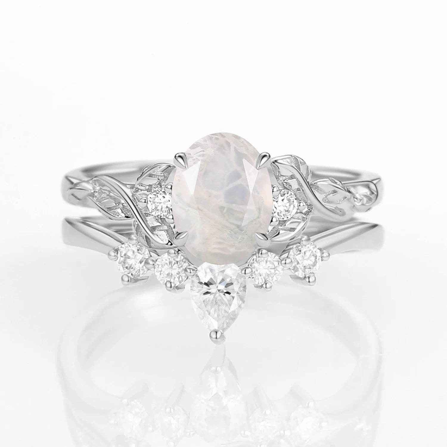 Sleek Edge Radiant Gifts Oval Shaped White Gold Moss Agate Leafy Ring Set 2pcs