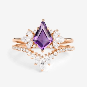 Fairy Ring - Kite Cut Amethyst Butterfly Cluster Ring Set 2pcs Enchanted Look Polished Line