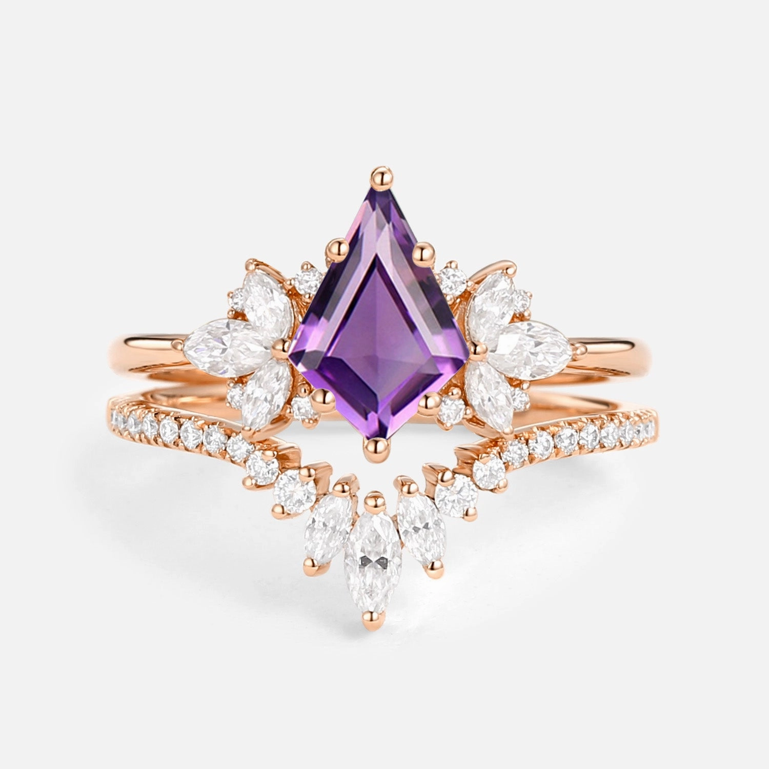 Fairy Ring - Kite Cut Amethyst Butterfly Cluster Ring Set 2pcs Enchanted Look Polished Line