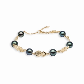 Flexible Sight 7-9" Adjustable Seashells Tahitian Black Pearl Bracelet in Gold