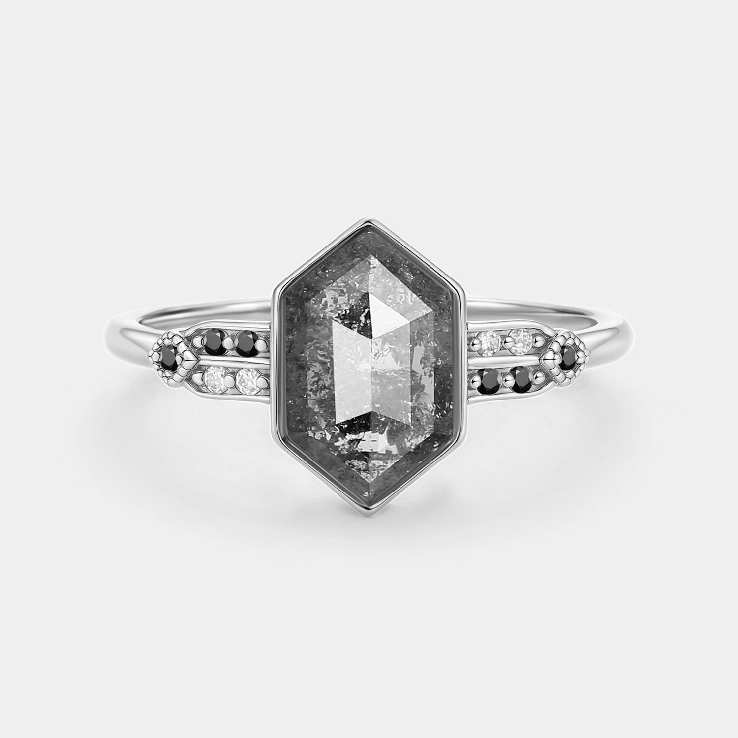 Hexagon Salt and Pepper Diamonds Stacking Engagement Ring - Nocturne Luxury Look Allure Factor