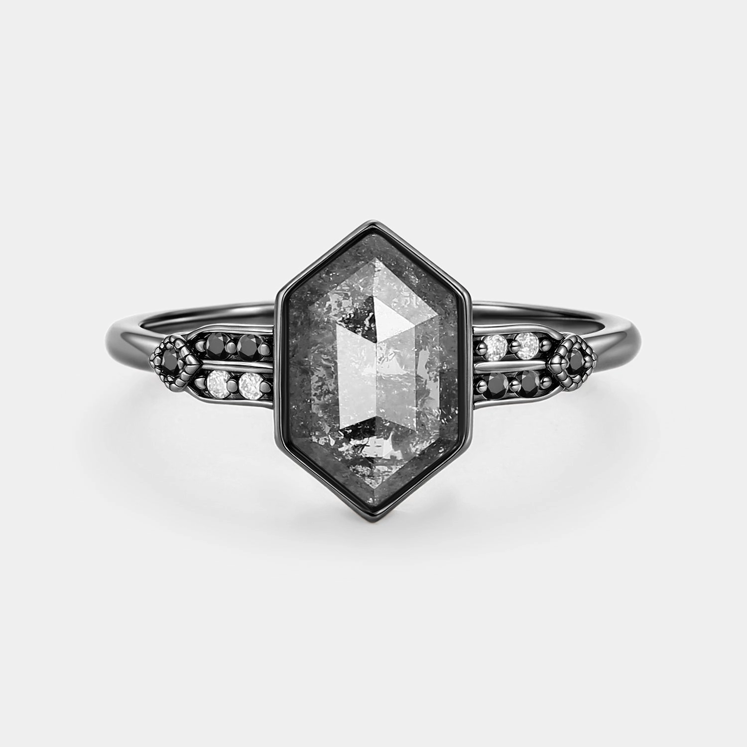 Hexagon Salt and Pepper Diamonds Stacking Engagement Ring - Nocturne Cool Finish