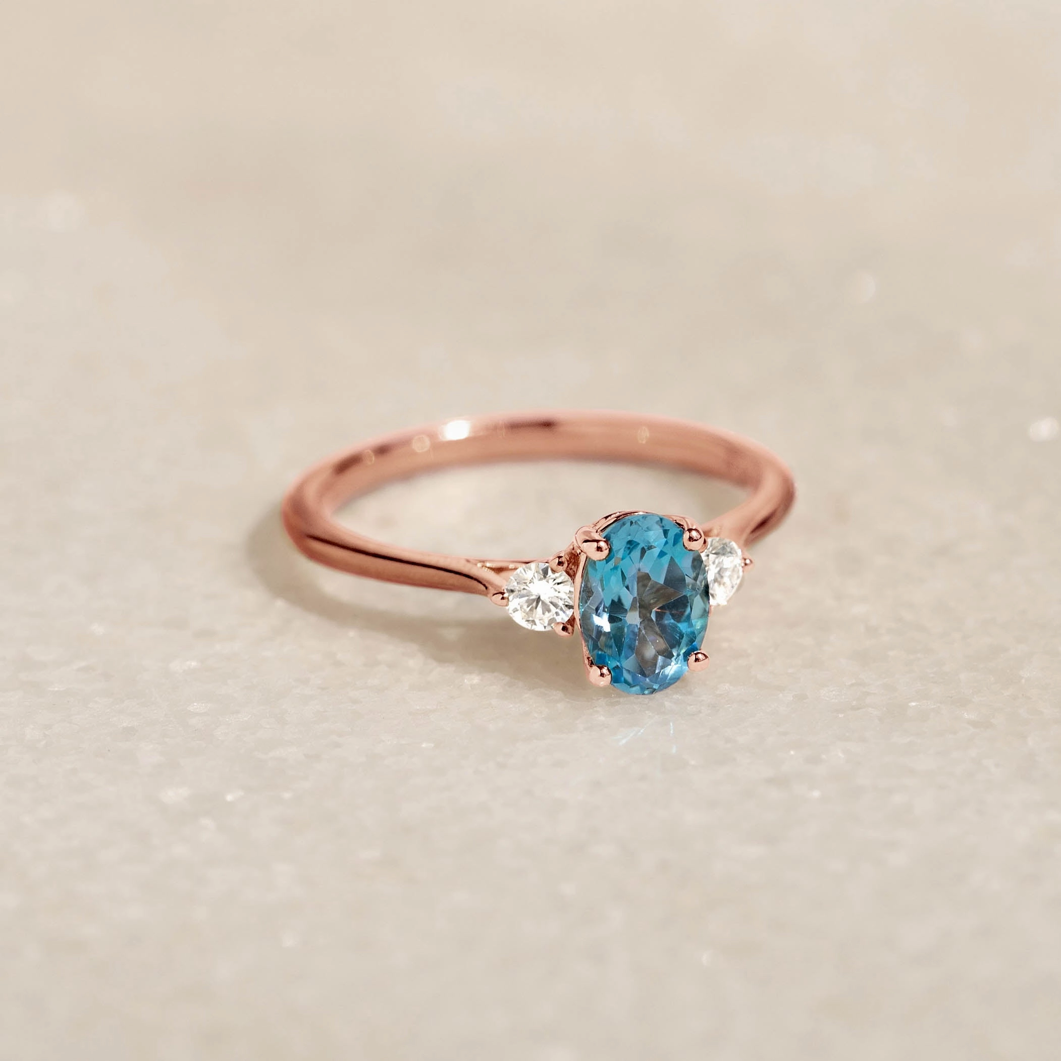 Luxury Touch Pure Form Swiss Blue Topaz and Diamond Ring Rose Gold - Kindra