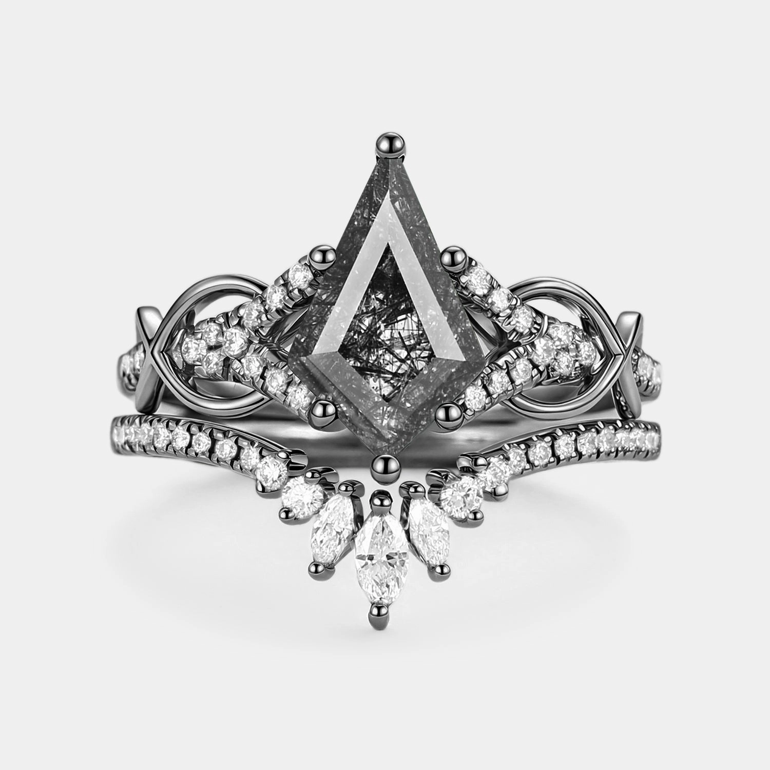 Kite Cut Black Rutilated Quartz Infinity Antique Engagement Ring Set 2pcs Elegant Piece