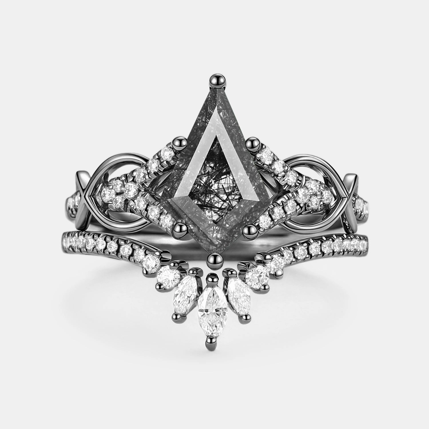 Kite Cut Black Rutilated Quartz Infinity Antique Engagement Ring Set 2pcs Heirloom Feel