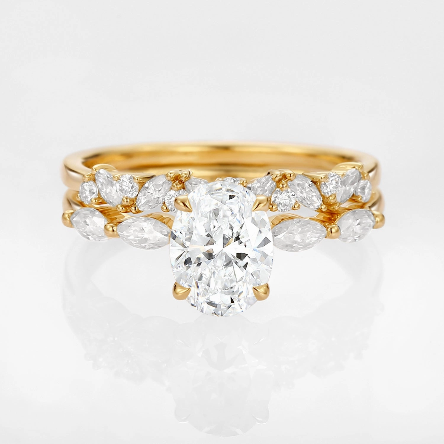 Oval Moissanite Cluster Marquise Ring Set 2pcs - Isabella Refined Finish