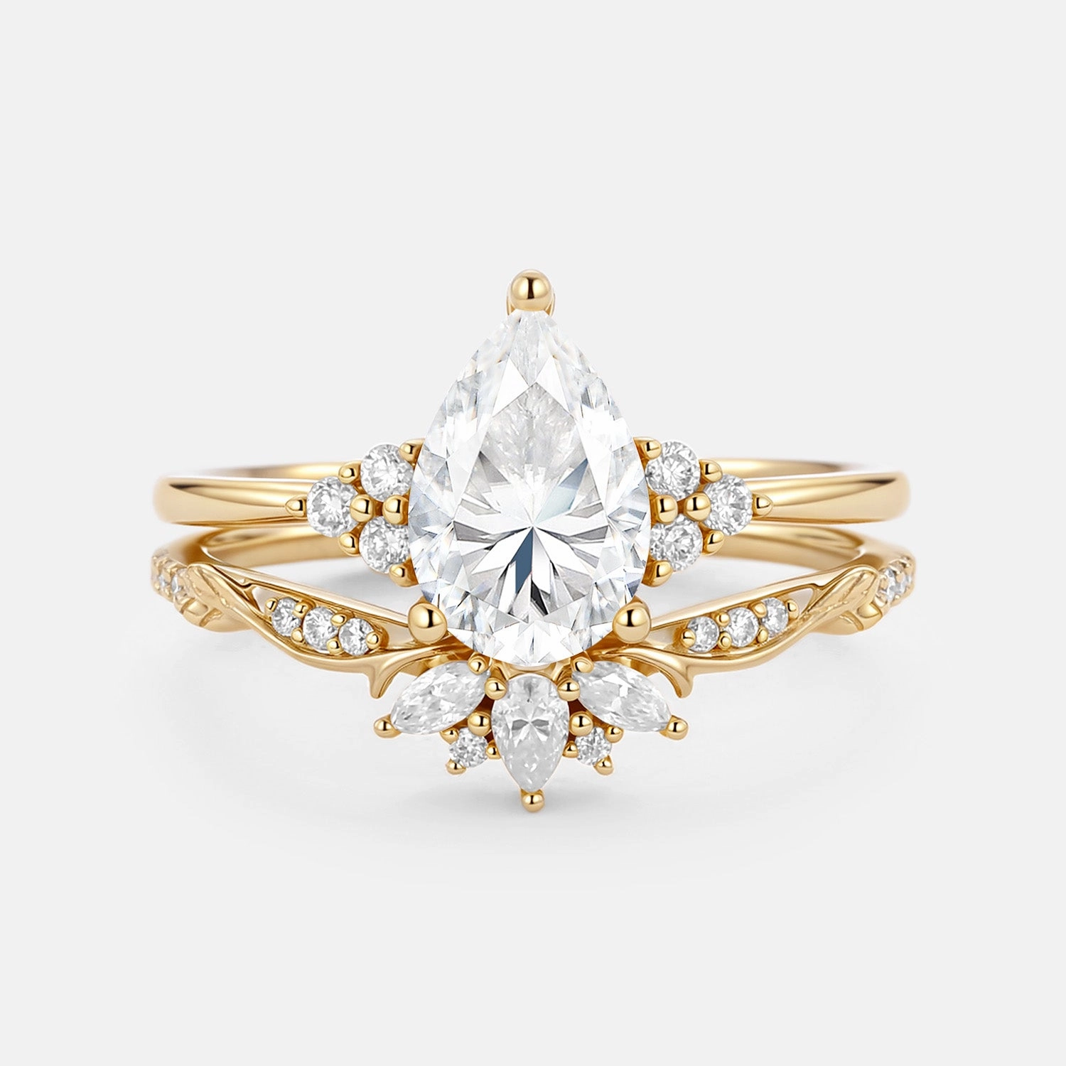 Pear Cut Vintage Cluster Moissanite Gold Ring Set 2pcs - Lyra Glamorous Gifts Exquisite Shine