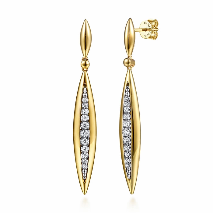 14K White and Yellow Gold Diamond Bullet Stud Drop Earrings Triangular Accent