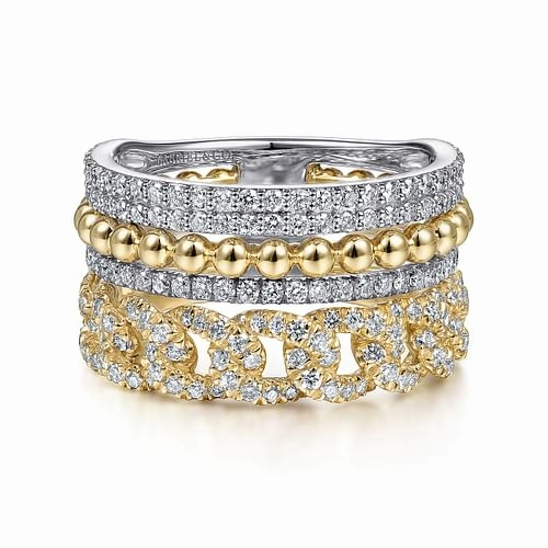 14K White-Yellow Gold Bujukan Diamond Easy Stackable Ring Exclusive access Shiny Ornament