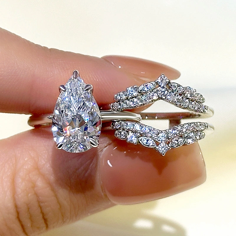 Soft Accent Finest Feature Louily Vintage Pear Cut Insert Wedding Ring Set For Women In Sterling Silver