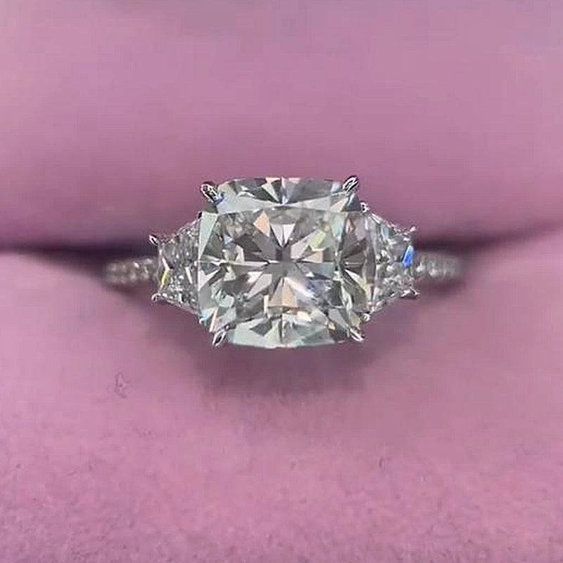 Louily Sparkle Cushion Cut Three Stone Engagement Ring Retro Vibe