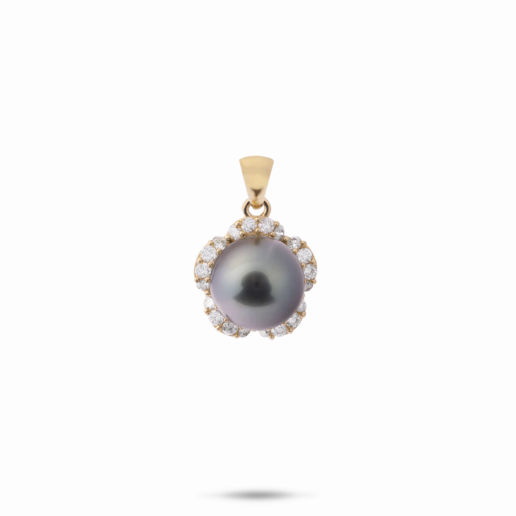 Vibrant Design Fresh Highlight Plumeria Tahitian Black Pearl Pendant in Gold with Diamonds - 9-10mm