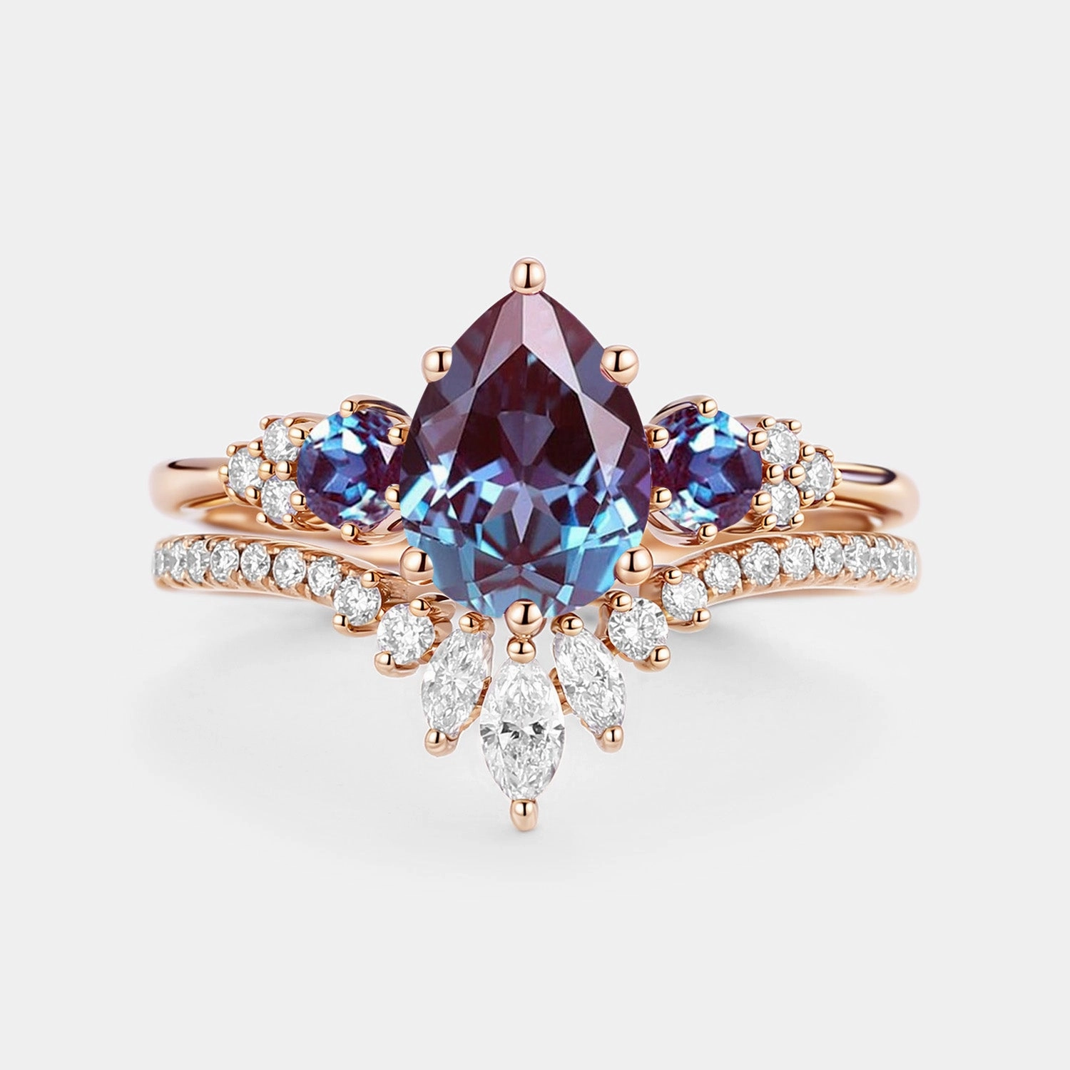 Pear Cut Lab Alexandrite & Moissanite Cluster Ring Set 2pcs - Lexi Sculpted Edge Elegant Form
