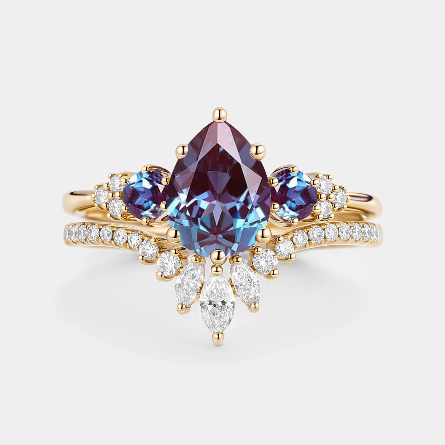 Pear Cut Lab Alexandrite & Moissanite Cluster Ring Set 2pcs - Lexi Pretty Accent Trendy Texture