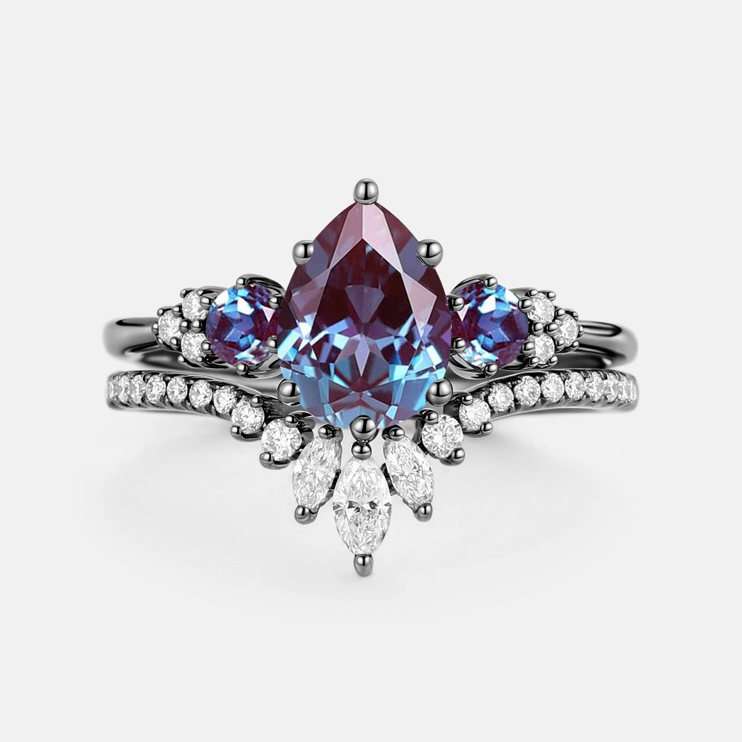 Dazzling Glow Pear Cut Lab Alexandrite & Moissanite Cluster Ring Set 2pcs - Lexi