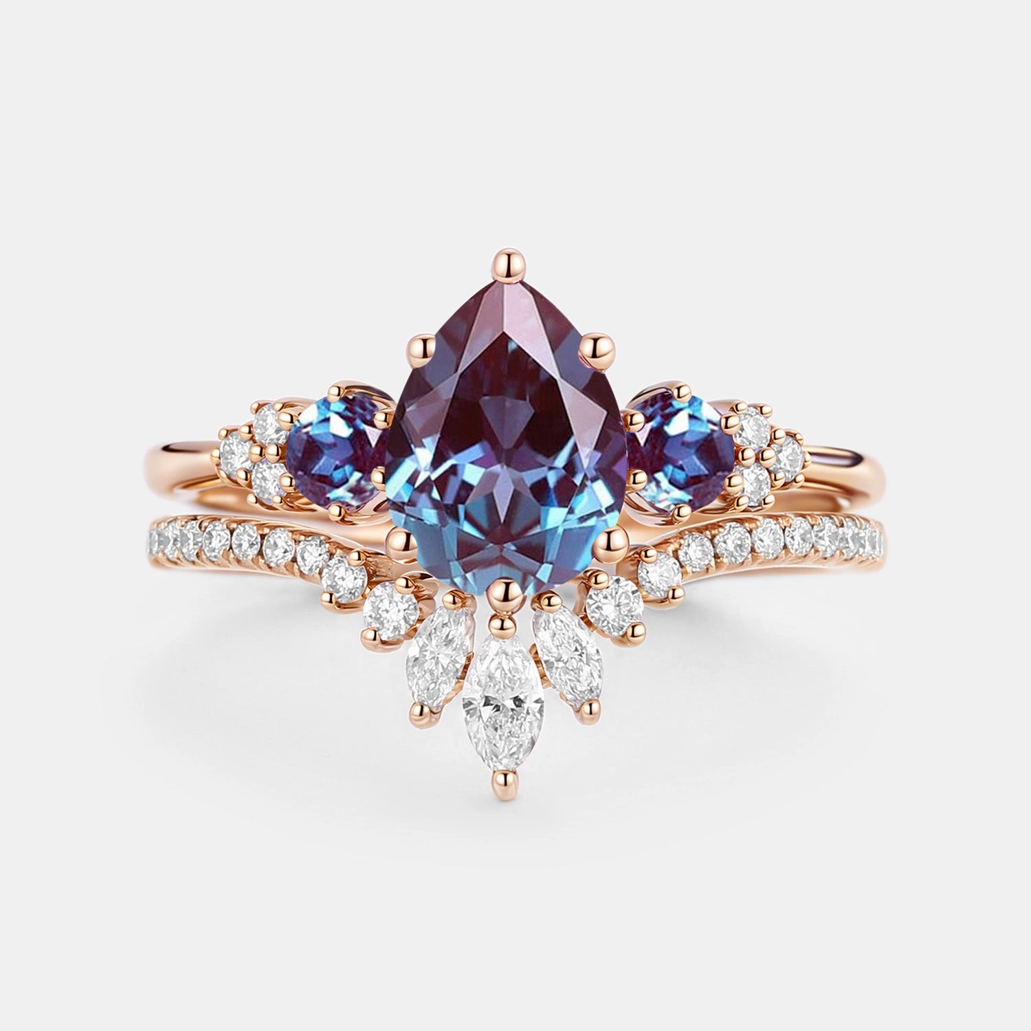 Lively Feature Wedding Outfit Pear Cut Lab Alexandrite & Moissanite Cluster Ring Set 2pcs - Lexi