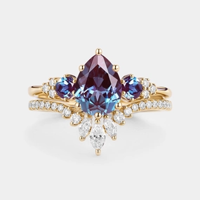 Pear Cut Lab Alexandrite & Moissanite Cluster Ring Set 2pcs - Lexi Pretty Accent Trendy Texture