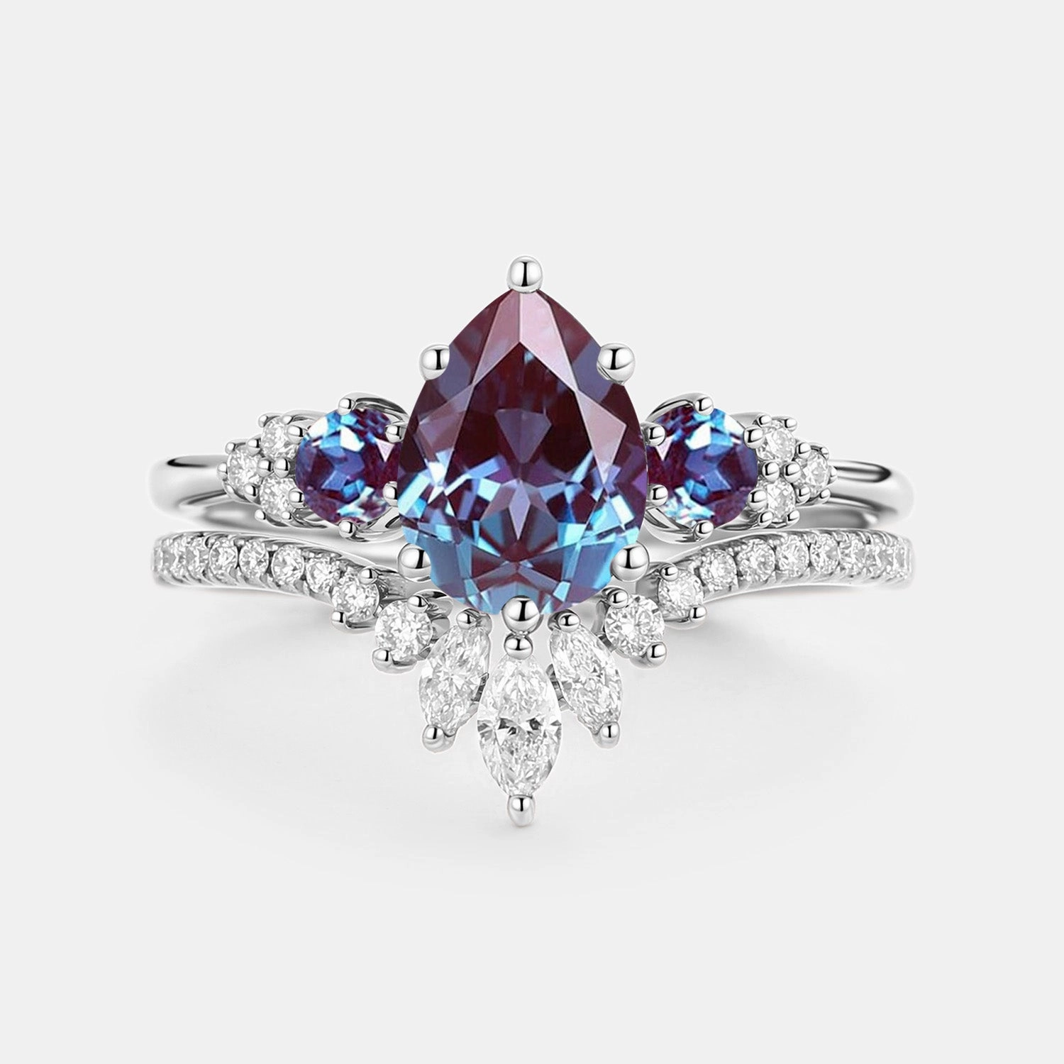 Radiant Edge Pear Cut Lab Alexandrite & Moissanite Cluster Ring Set 2pcs - Lexi