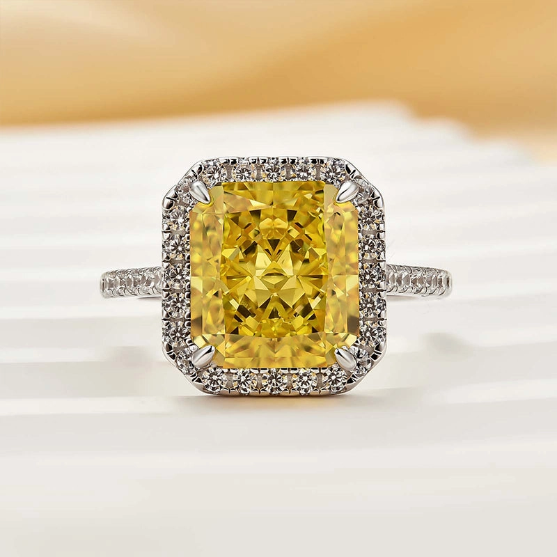 Layered Edge Louily Halo Yellow Stone 5.0Ct Radiant Cut Engagement Ring In Sterling Silver