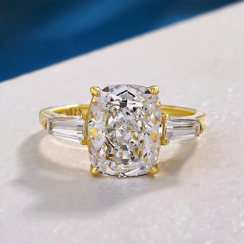 Louily Exquisite Yellow Gold Cushion Cut Three Stone Engagement Ring In Sterling Silver everyday elegance