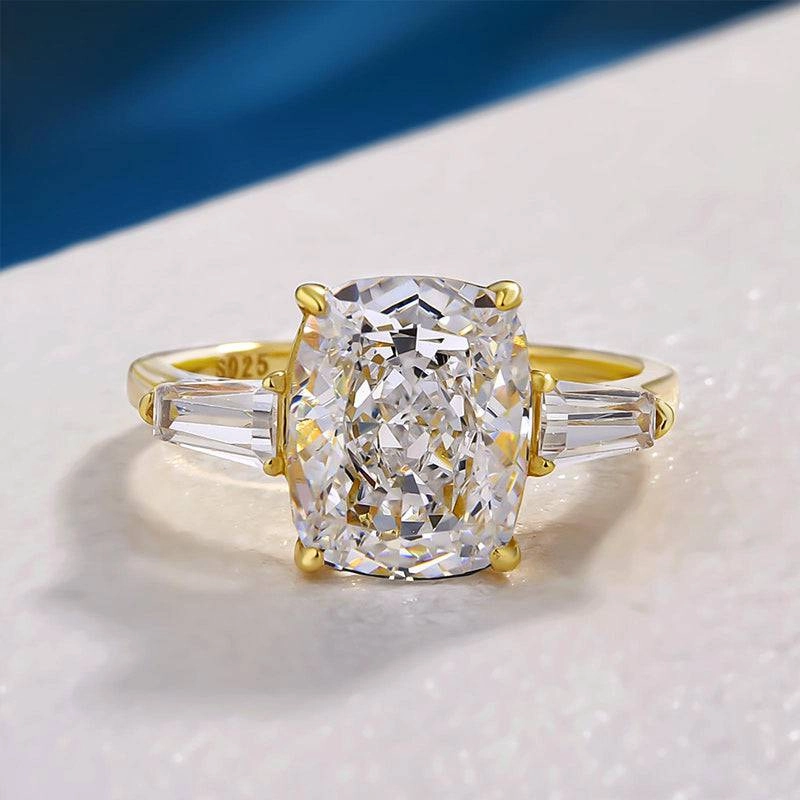 Louily Exquisite Yellow Gold Cushion Cut Three Stone Engagement Ring In Sterling Silver Shimmer Effect