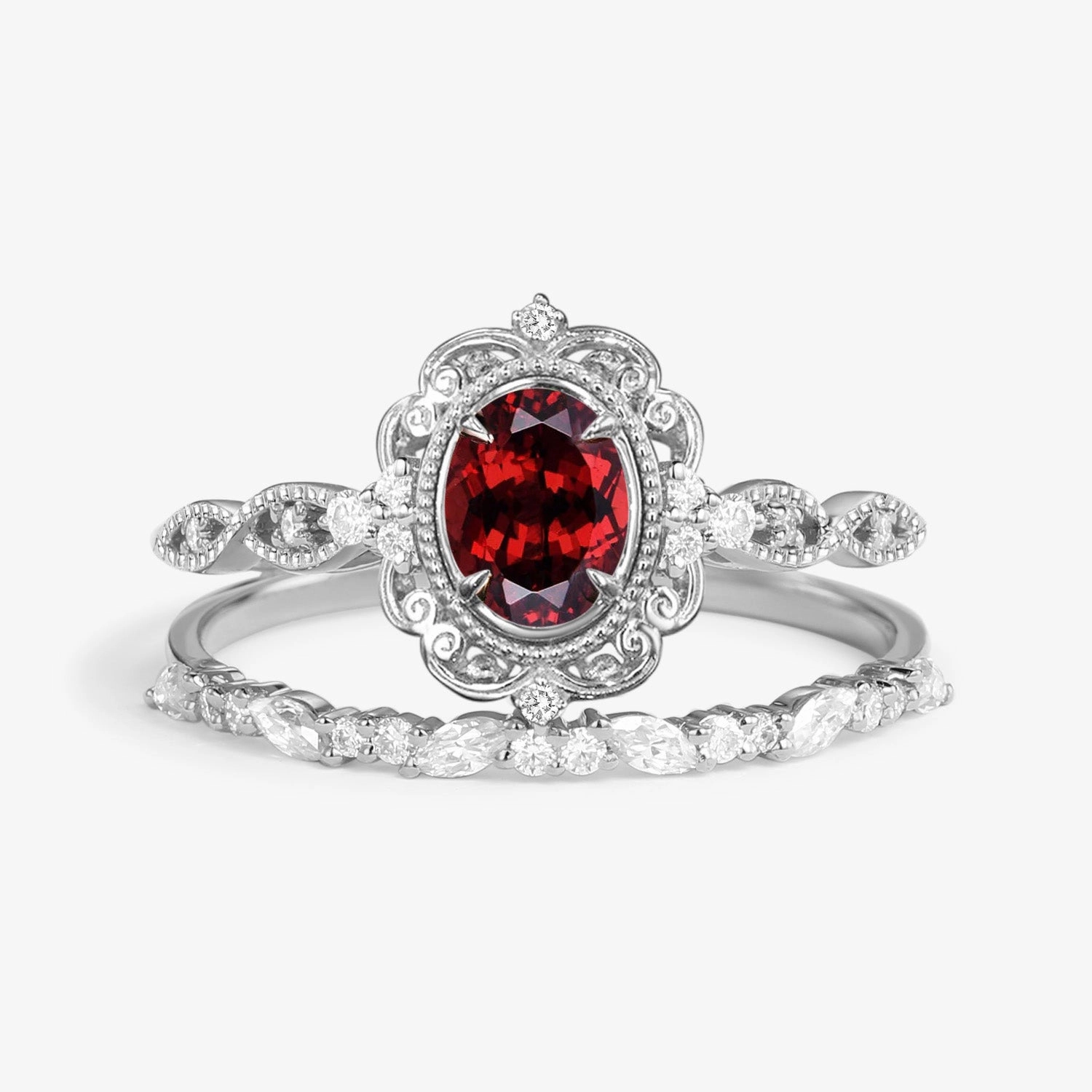 Victorian Vintage Oval Garnet Engagement Ring Set 2pcs Impeccable Touch