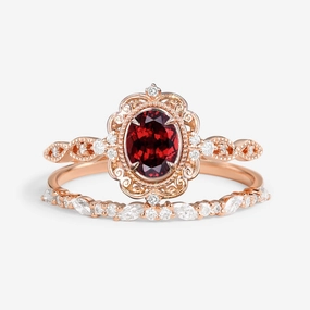 Victorian Vintage Oval Garnet Engagement Ring Set 2pcs Perfect Finish