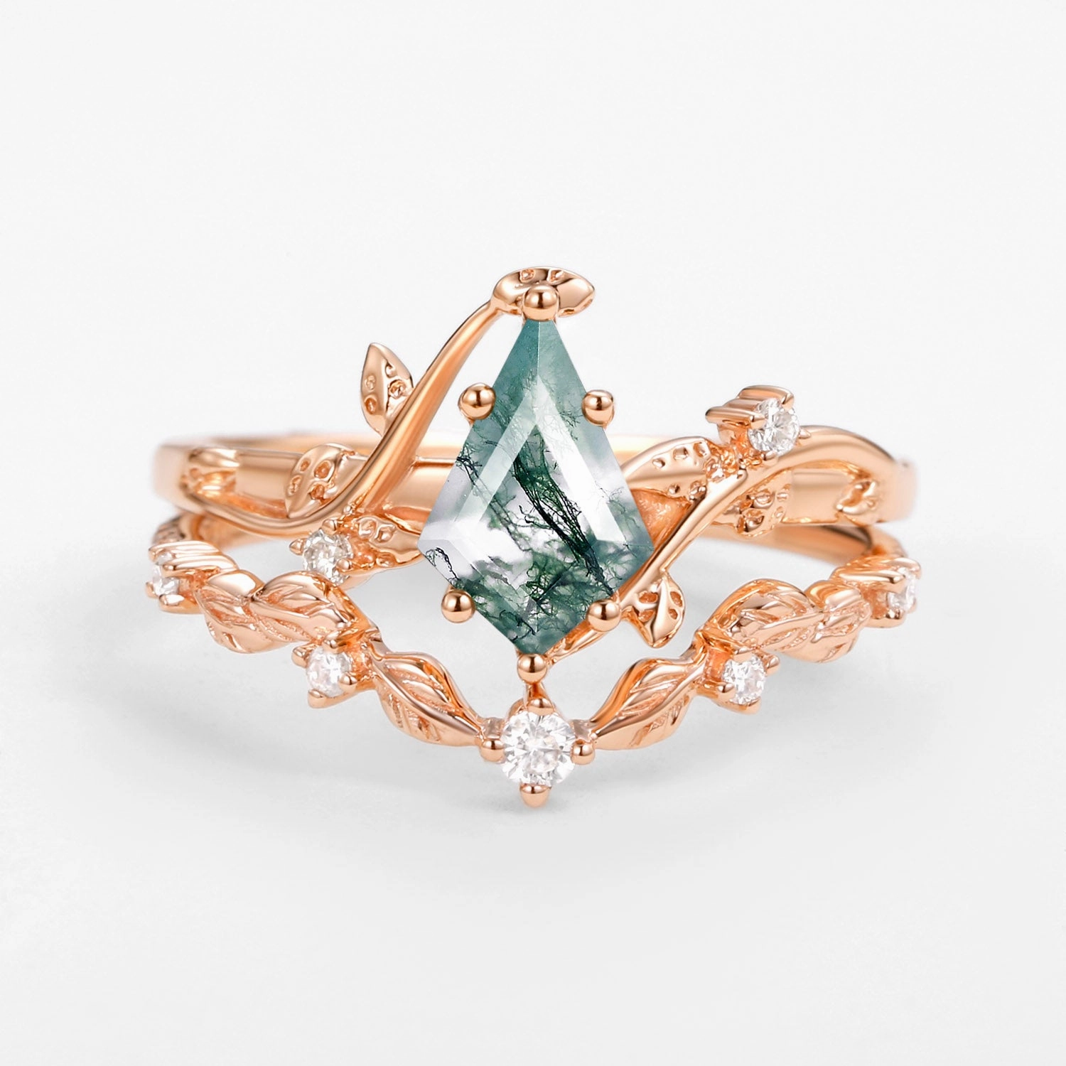 Vine Leafy Kite Cut Moss Agate Engagement Ring Sets 2pcs - Ashley Elegant Charm