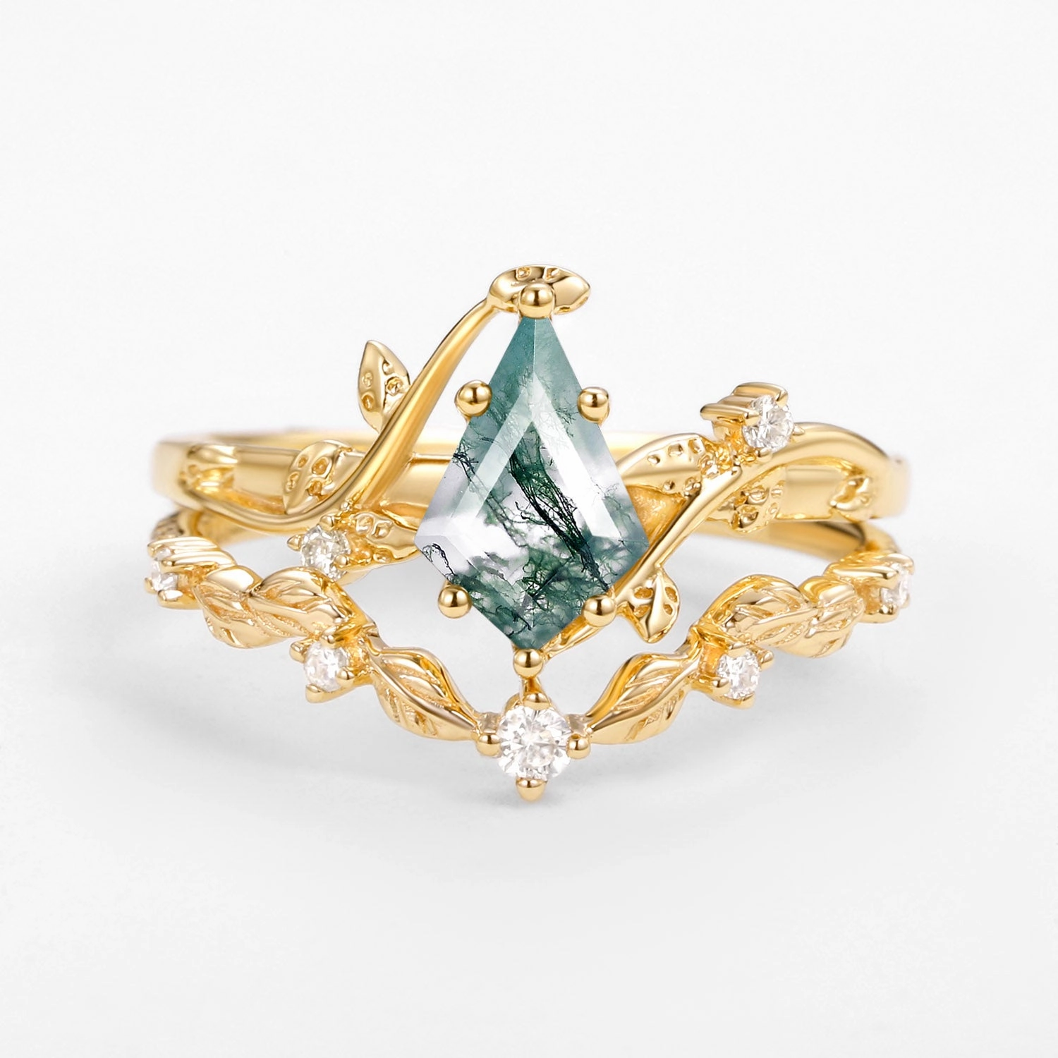 Vine Leafy Kite Cut Moss Agate Engagement Ring Sets 2pcs - Ashley Timeless Glow Trendy Fit